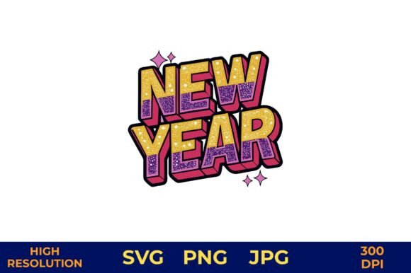 3D New Year Text with Glitter Stars Design