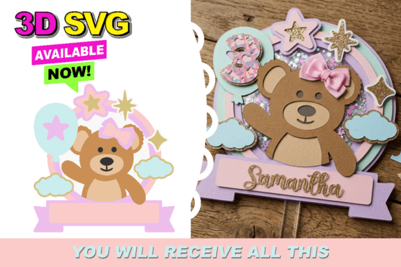 A Whimsical Celebration with this Layered 3D Teddy Bear Stars Shaker Topper
