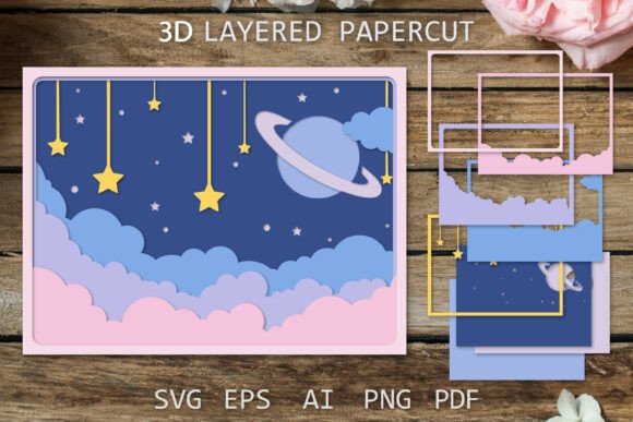 Layered Paper Cut: Clouds, Stars & 3D Planets