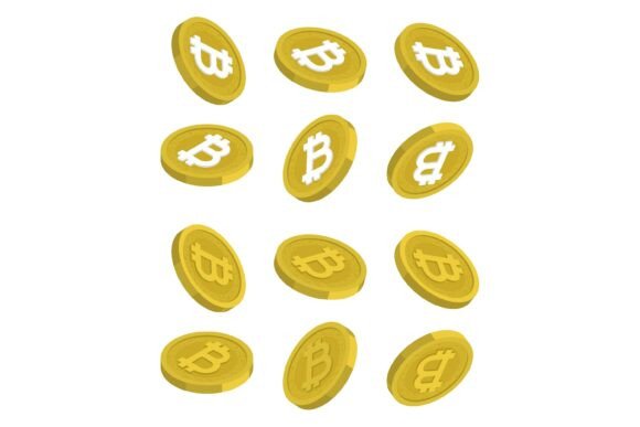 Set of Spinning and Falling 3D Gold Bitcoin Graphics for Dynamic Design